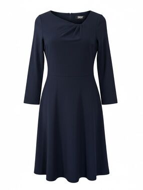 DKNY Dark Navy Three-Quarter Sleeve Fit-and-Flare Dress